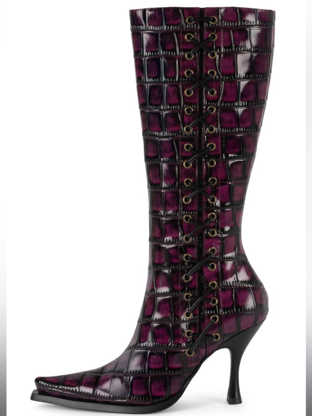 Jeffrey Campbell STUNNA Lace-Up Knee Boot in Raspberry Black Croco
